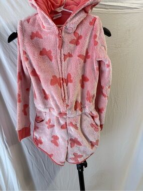 art class Pink & Coral Fuzzy Hooded Romper with Bow Print